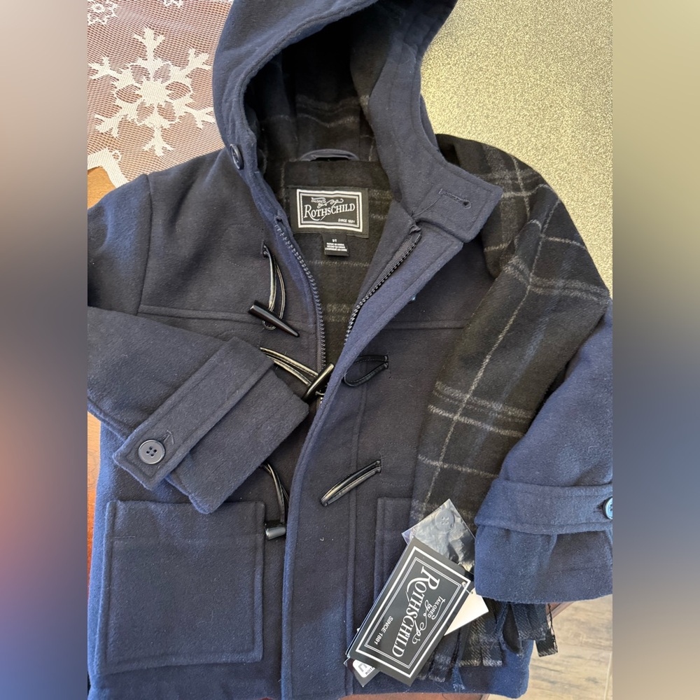 Rothschild childrens Dark Blue Pea Coat with Plaid Detail